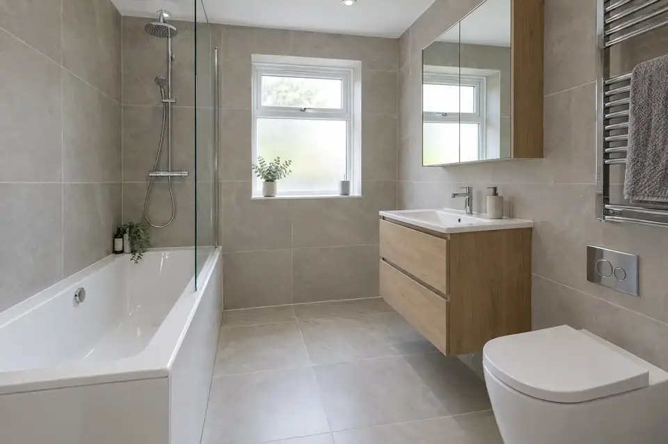 Modern family bathroom with bath and shower screen, large grey tiles and a wall-hung vanity unit