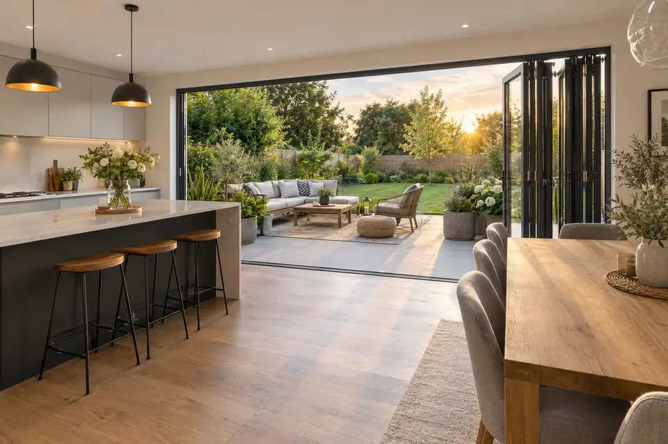 Anthracite aluminium bi-fold doors folded open from a kitchen diner to a garden patio