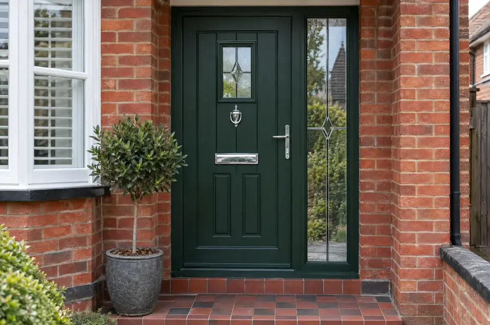Dark green composite front door with chrome furniture and a glazed side panel on a brick house