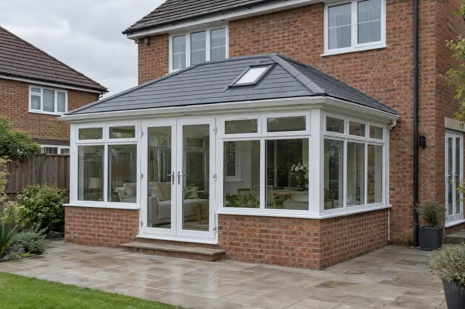 White uPVC conservatory with a new solid tiled roof on the back of a brick house