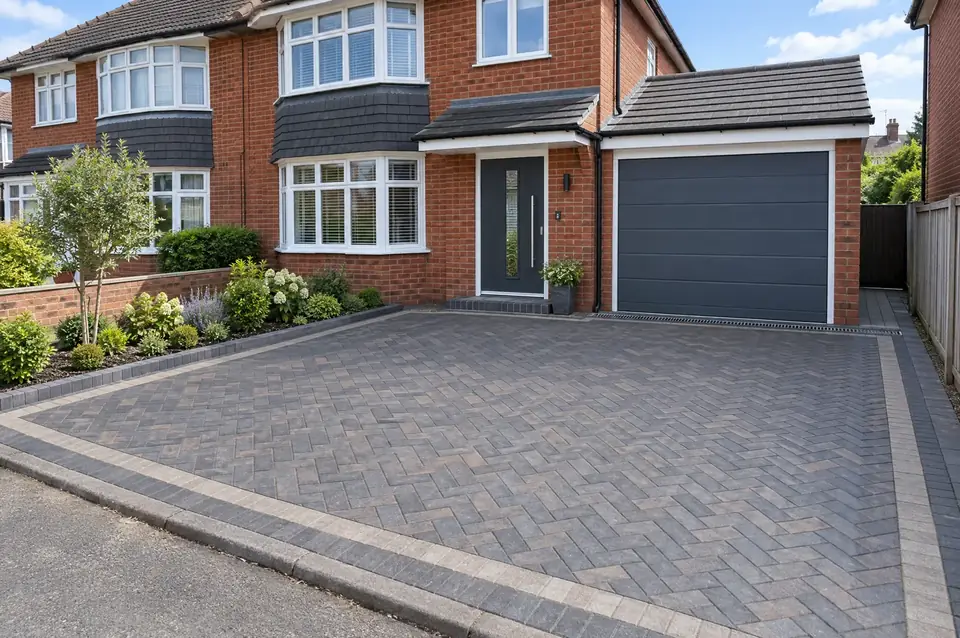 New herringbone block-paved driveway with a contrasting border in front of a semi-detached house