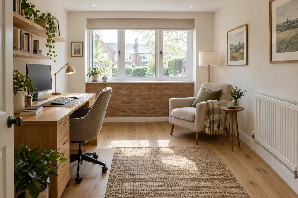 Former garage converted into a bright home office with a new window where the garage door was