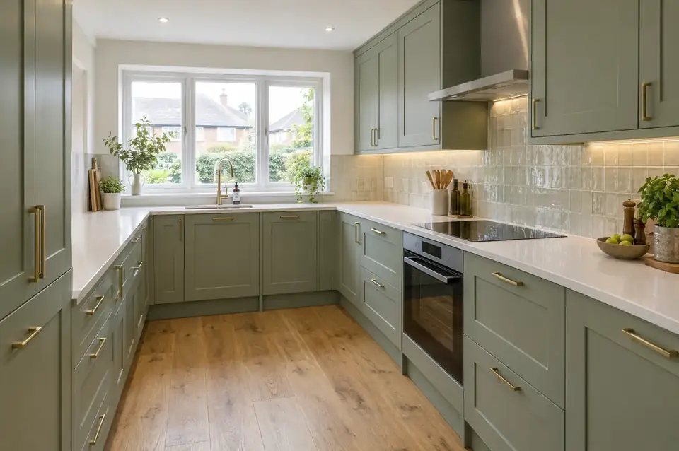 Newly fitted sage green shaker kitchen with quartz worktops, brass handles and tiled splashback