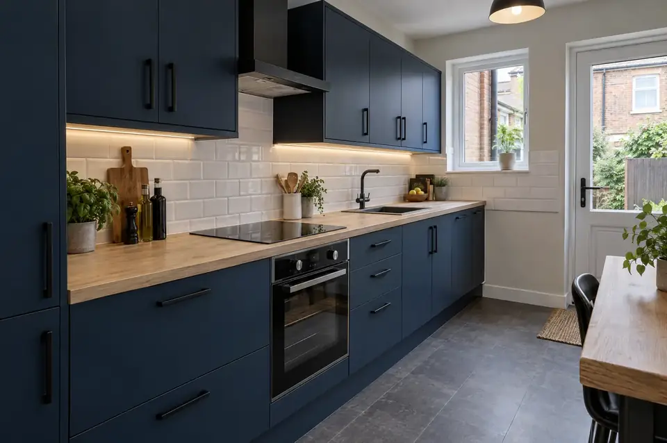 Kitchen refreshed with navy door fronts, light oak worktops, black handles and under-cabinet lighting