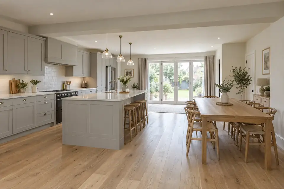 Open-plan kitchen diner created by removing a wall, with the new beam plastered flush across the ceiling