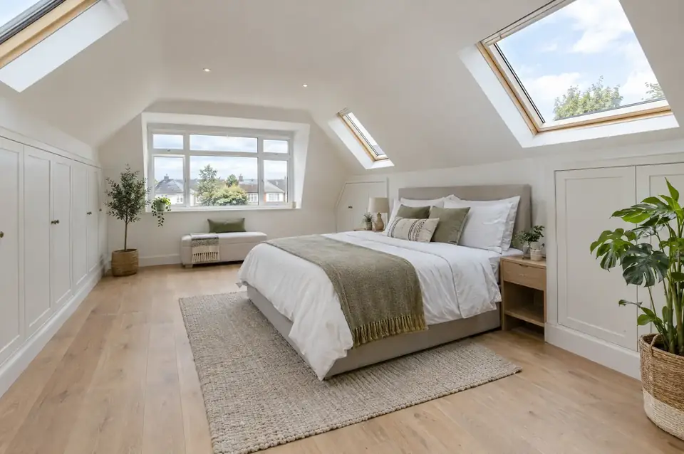 Finished dormer loft conversion bedroom with roof windows, oak-effect floor and eaves storage