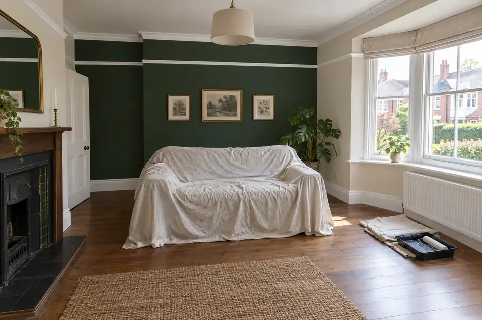 Freshly decorated living room with a deep green feature wall and crisp white woodwork