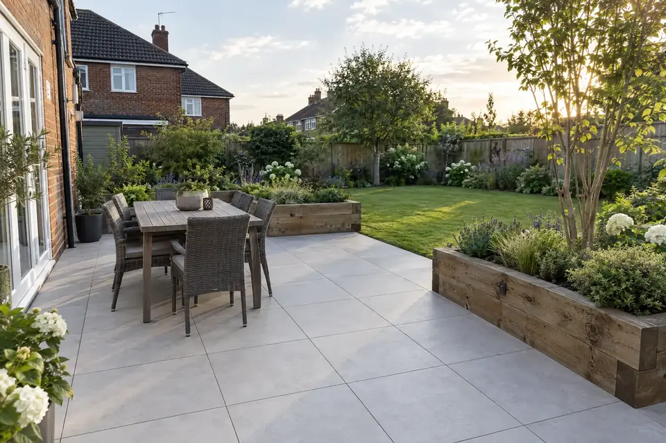 Light grey porcelain patio with raised sleeper beds and outdoor dining table in a back garden