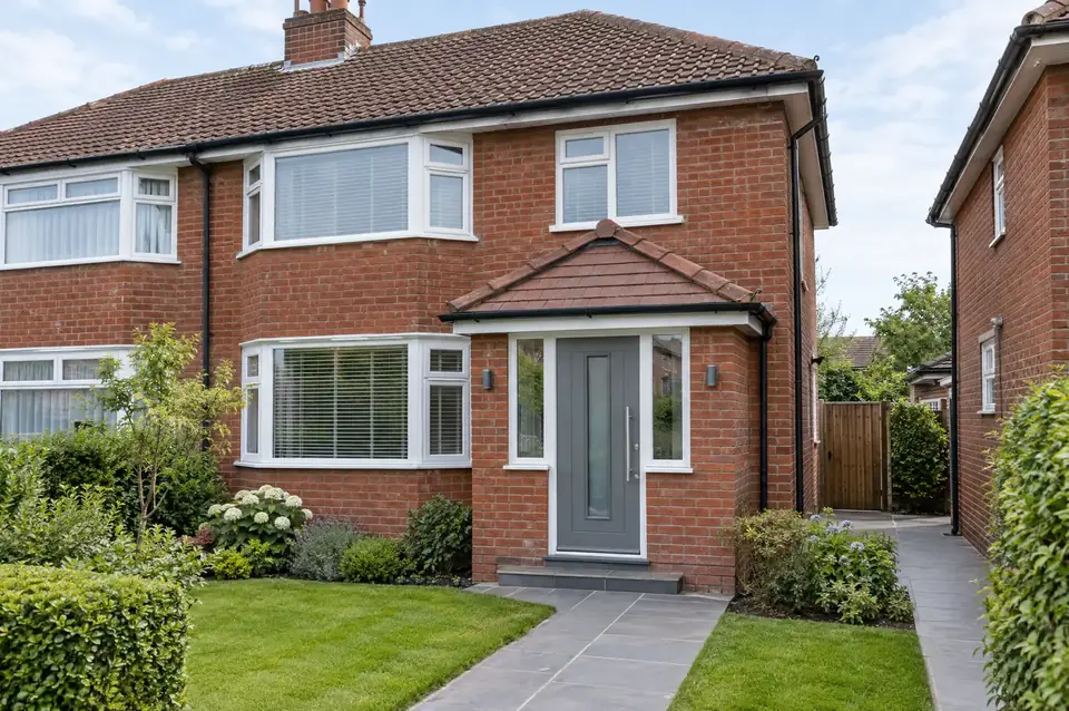 New brick front porch with a tiled pitched roof and grey composite door on a semi-detached house