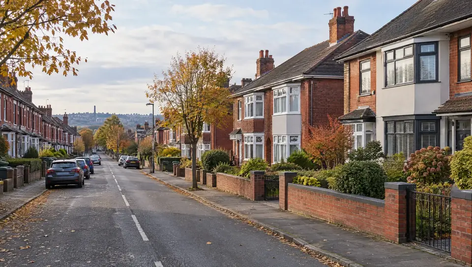 Residential street of red-brick semi-detached and terraced houses in the Black Country in autumn