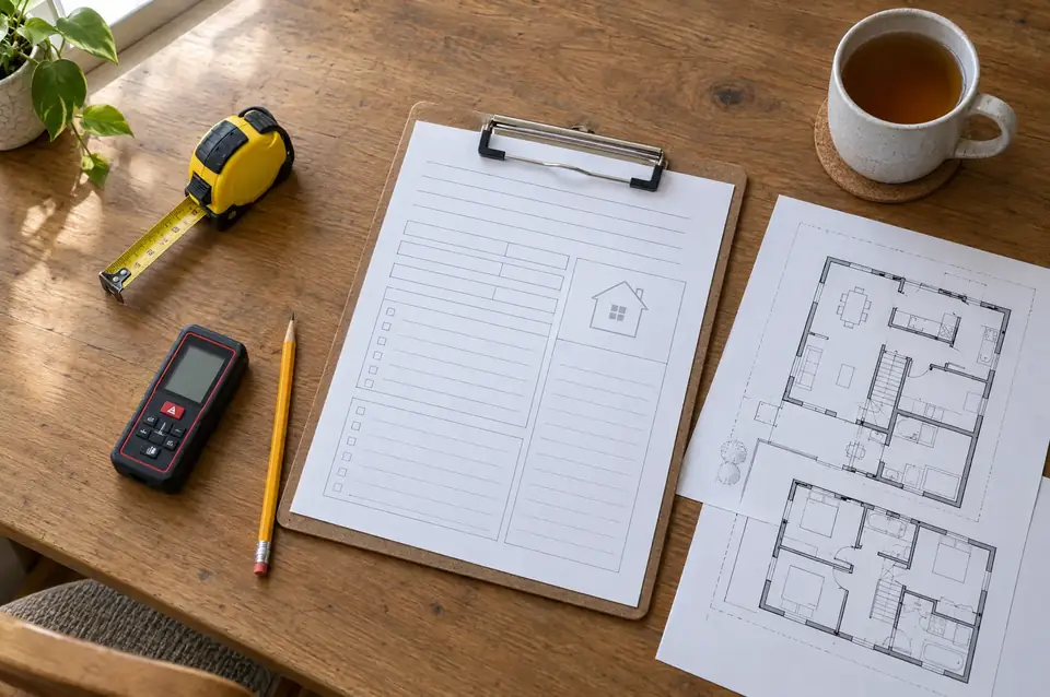 A home survey in progress: clipboard, tape measure, laser measure and floor plans on a kitchen table
